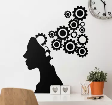 Brain gears home office sticker - The design illustrates the silhouette of a person's head with the brain modeled in gears.