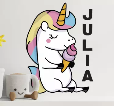 Cute unicorn animal decal for children room. The unicorn is illustrated to be having a nice time eating an ice cream. It sticks on any flat surface.