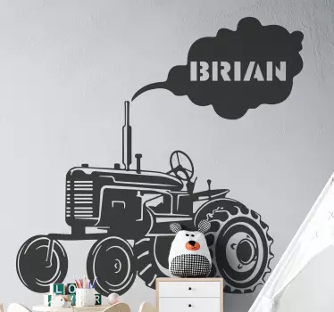 A very big tractor toy decal with smoke from it exhaust outlet - The design is customizable with name, lovely design for children bedroom  and playroom