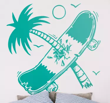Palm tree breaking a skateboard wall decal - Beautiful design for lovers of skating, it simple illustrates a palm tree pierced through a skate board.