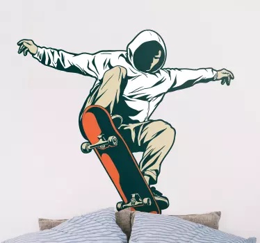 Skateboard jumping wall sticker.  An amazing design for lovers of skating especially for teenagers. The design illustrates a person on skateboard.