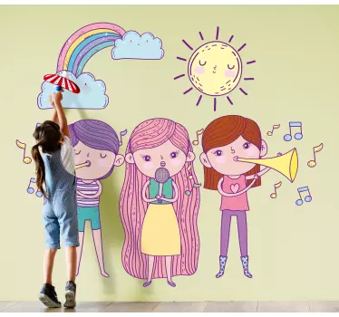 Music band wall vinyl sticker - The design illustrates group of kids playing musical instruments, it is also featured with cloud, sun and moon design.