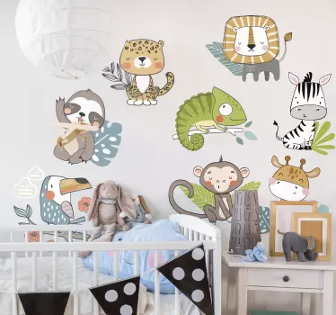 Nordic jungle animals wild animal decal - Cute set of jungle animal sticker design illustrating  a koala, frog, monkey and more animals.