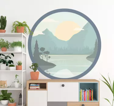 Silhouette mountain with lake nature sticker. Circle shape and black frame. Landscape with mountain, forest, lake, clouds and sun motifs.