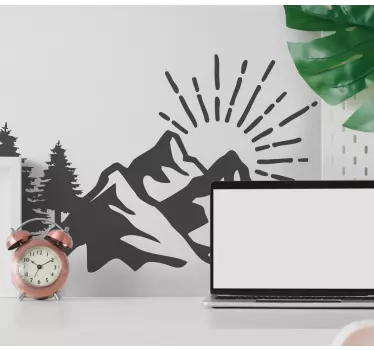 Sun mountain silhouette nature wall sticker. Grey mountain chain with trees and sun. Decorate your walls. Get immediate shipping!