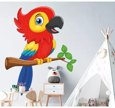 Happy cartoon parrot pet sticker. Red, yellow, dark and light blue feathers. The pàrrot stands on a cartoon breach. Immediate shipping!