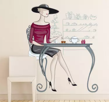A wall sticker of an elegant women with a large hat sat at a table to have some tea. Personalised stickers. We have many sizes available!