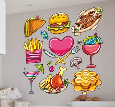 Wall Stickers - Decals - Vibrant colourful illustrations of various types of food. Fries, burger, fish, ice cream, waffles and more.