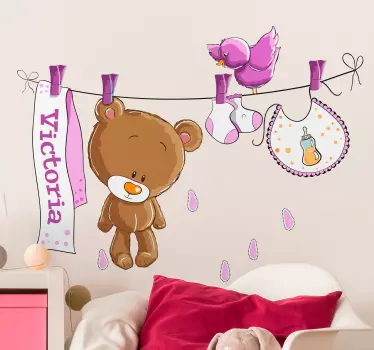 This lovely kids decal of a teddy pegged on a washing line is ideal for any girl's bedroom. Design from our collection of teddy bear wall stickers.