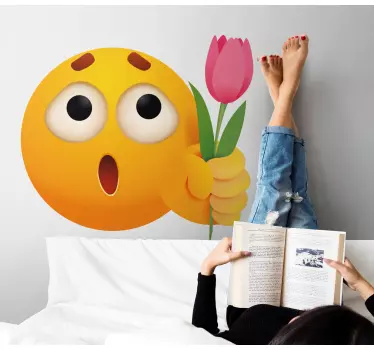 Emoji holding a rose wall sticker - Yellow lovely looking emoji face expression decal with rose.  It is original and durable.