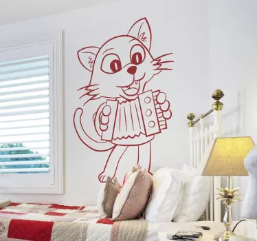 Kids Wall Stickers-Fun and playful illustration of a cat playing a accordion on the grass in the sun. Cheerful design, ideal for kids rooms.