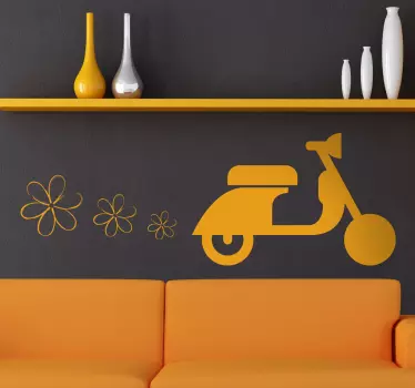 Modern design with the silhouette of a Vespa scooter that is giving out flowers into the air. Zero residue upon removal.
