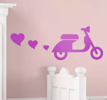 Room Stickers -  Modern design of a Vespa silhouette polluting the air with love hearts. Select your size and colour.