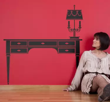 Silhouette decal of an elegant and classic desk with draws and a desk lamp. Available in 50 colours. High quality materials.