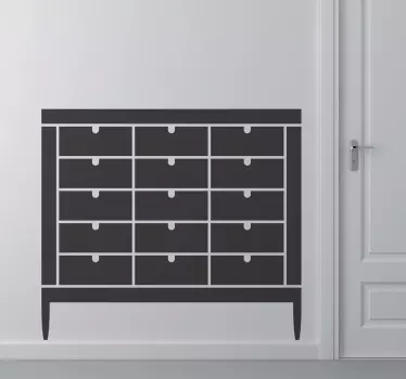 A sticker with the silhouette of a drawer or filing cabinet that you will typically find in an office.
