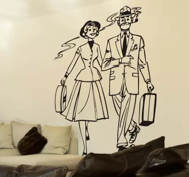Mono-colour illustration of a man and a woman walking together dressed in elegant 1950s style clothing.