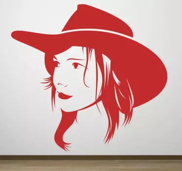 Wall Stickers - Silhouette illustration of a female wear a cow boy hat. Available in various sizes and in 50 colours. Long lasting decals.