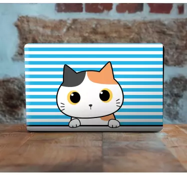 Decorate your laptop with this cute cartoon cat laptop skin, it features a cute kitten with a blue and white striped background. Home delivery!