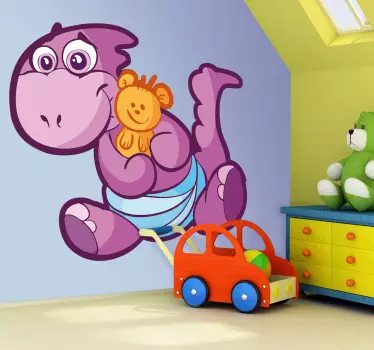 A friendly baby dinosaur decal hugging a teddy illustration from our superb collection of purple wall stickers.