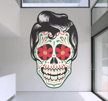 A creative wall sticker designed by Freepik. If you know about the Day of the Dead in Mexico then you will love this decal. A fantastic wall sticker inspired by the Mexican Día de los Muertos festival. A fun decal of a skull with tattoos and a hairstyle similar to Elvis Presley.