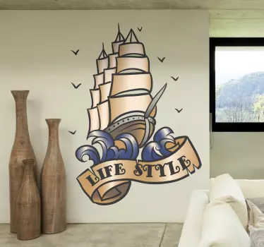 A tattoo style illustration of a ship behind the banner "Life Style" from our collection of sea wall stickers. Ideal for those that the sea life.