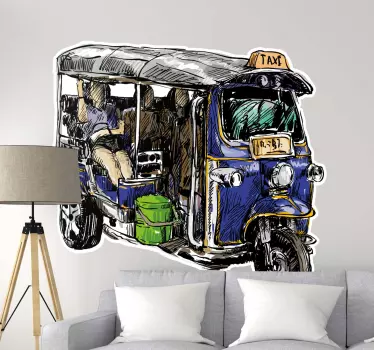 Decorative colorful city Tuk tuk vehicle sticker to decorate your space. The product is easy to apply and available in any size needed.