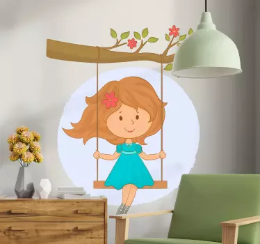 Decorative tree wall art sticker created with the design of a girl on  swing hanged on a tree. The design  is suitable for children bedroom space.