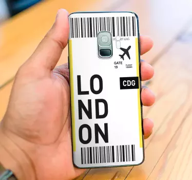 Custom your Samsung phone with our travel destination plane ticket phone cover decal.  This is a plane ticket sticker to London with boarding detail.