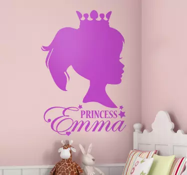 Personalized princess wall sticker showing the side profile of a princess' face your child's name written in an elegant cursive font underneath.