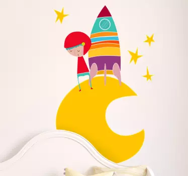 Kids Wall Stickers - Vibrant illustration of a small space explorer on the moon surrounded by stars.