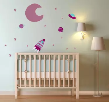 A vibrant collection of space themed elements; the moon, stars, planets and spaceships. Space decal from our collection of purple wall stickers.