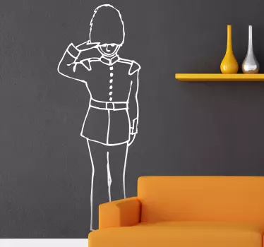 An outline design of one of the Queen's guards saluting and wearing the traditional uniform, from our collection of UK themed wall stickers. Fun image of one of the royal guards who watches over Buckingham palace in London to decorate your home or business in an alternative and creative way.