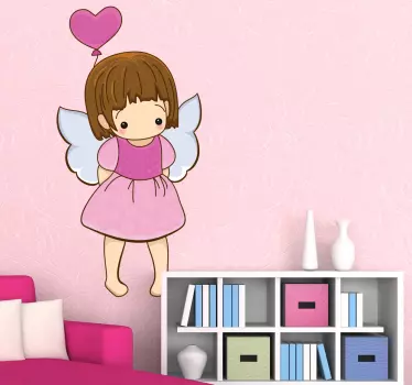A decorative angel wall art decal of a little shy angel holding a heart shaped balloon. Brilliant sticker to decorate your child's room.