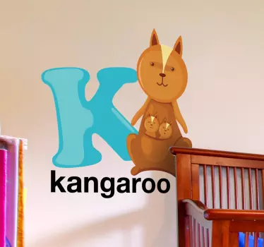Decorative alphabet sticker with the letter K accompanied by a kangaroo. Fantastic animal decal to decorate your child´s room.