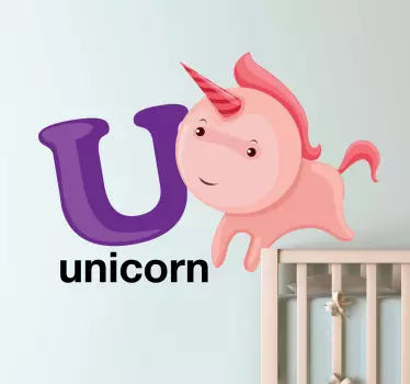 A superb alphabet theme design illustrating letter 'U' accompanied by a playful unicorn from our collection of unicorn wall stickers!
