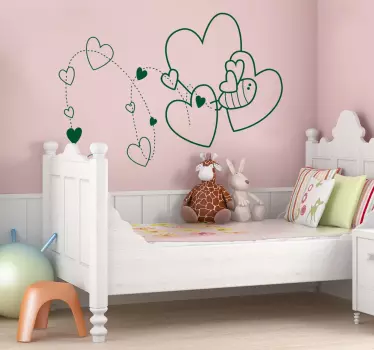Illustration outline of a bee surrounded by hearts. Brilliant heart wall art decal for kids from our collection of heart stickers.