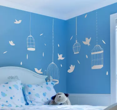 Bird silhouette wall sticker - Perfect for decorating your children´s bedroom. The bird decal contains flying birds, cages and feathers.