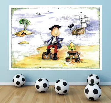 A fantastic design illustrating a small boy dressed as a pirate looking for the treasure! A decal from our collection of pirate wall stickers.