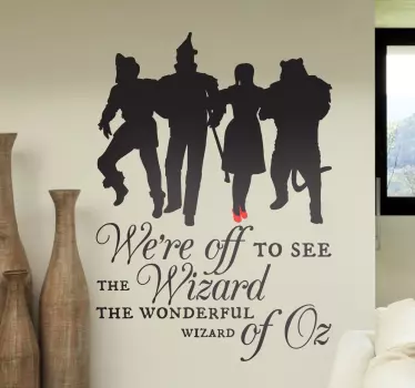 Wall sticker of the famous movie The Wizard of Oz with a silhouette of Dorothy with her red shoes, scarecrow, lion and tin woodman!
