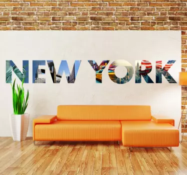 Exclusive New York wall sticker with a collage of pictures cut into letters that form the name of the US city. It shows monument as Statue of Liberty.
