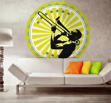 Decorative musical sticker of a musician playing the trombone. A perfect wall decal to decorate your walls.
