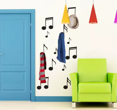 Music wall stickers - A coat hanger wall sticker for music lovers! Fantastic design where your coats can hang from musical notes.