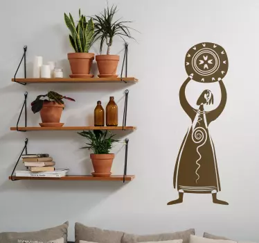 An abstract monochrome sticker of a woman dressed in tribal clothing holding a shield above her head.