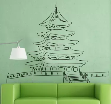 Wall decal with a detailed drawing of a Pagoda; a traditional Japanese style of building. Easy to apply and remove. Zero residue upon removal.
