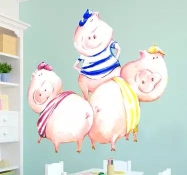 Exclusive sticker with a representation of the three little pigs from the famous tale. Kids wall decal with an original illustration from Lol Malone.