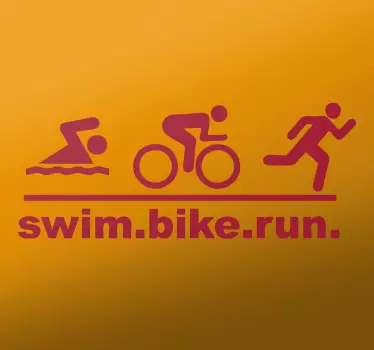 A design illustrating 'swim, bike, run' with figures carrying out each activity. This sports sticker is perfect for gyms and schools.
