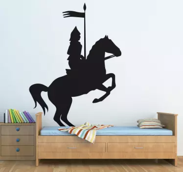 Decorative silhouette sticker of a knight riding on a horse. It is available in any required size and in different colour options.