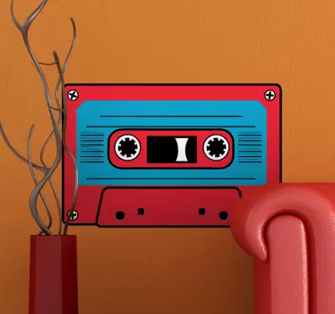 Decorative vintage cassette with red in the edges and blue in the middle. A classic wall decal to decorate your walls.