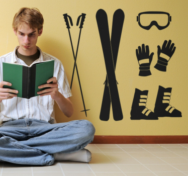 A set of stickers with designs of various skiing accessories, including gloves, boots, goggles and skis.