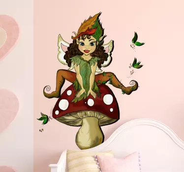 Children's decal with a beautiful and detailed illustration of a pixie perched happily on top of a mushroom.